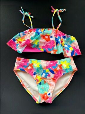Cat & Jack Girls Bikini * Size L 10/12 * Ruffle Flounce Top * Tropical Floral